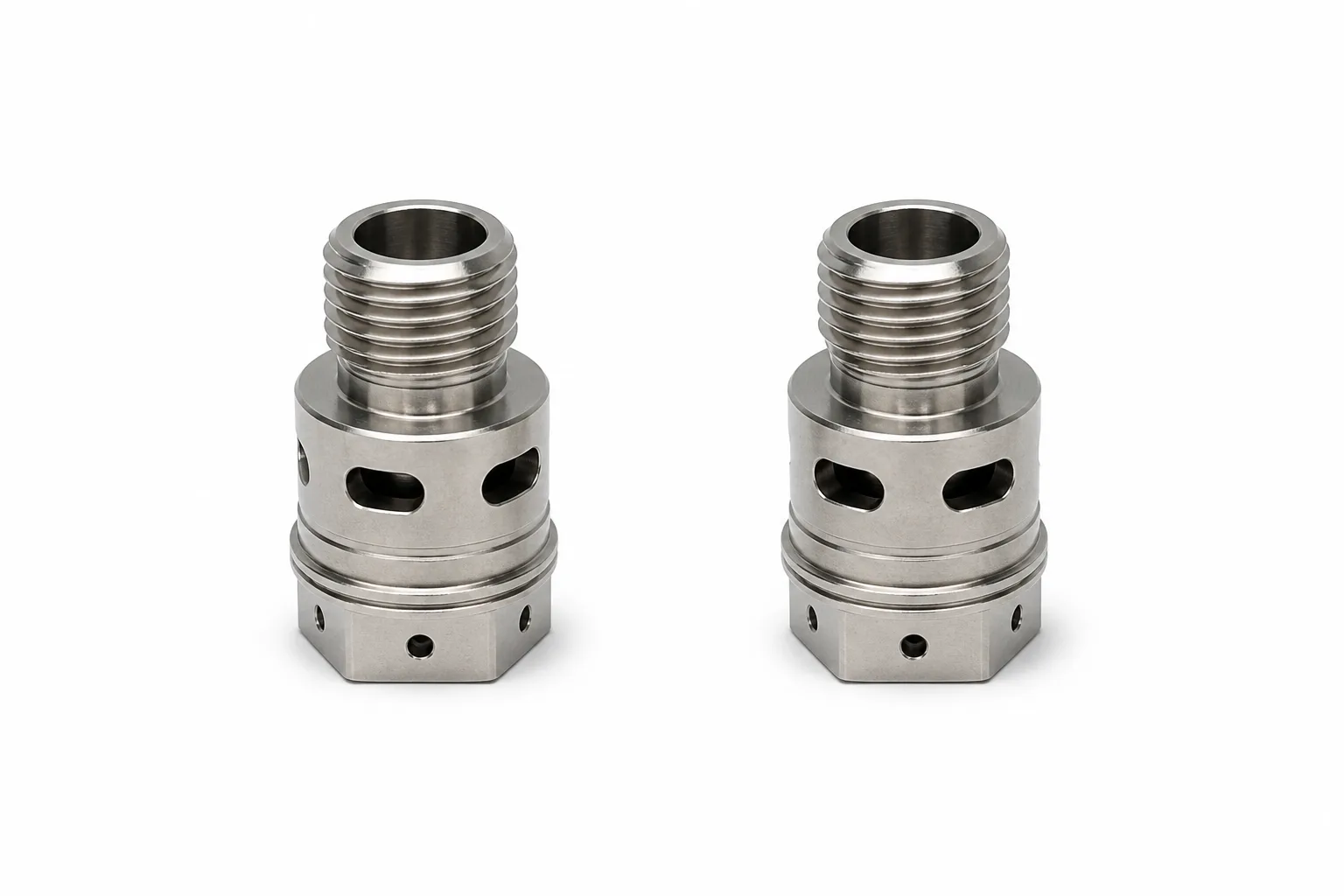 Machined hex-base components with slotted windows